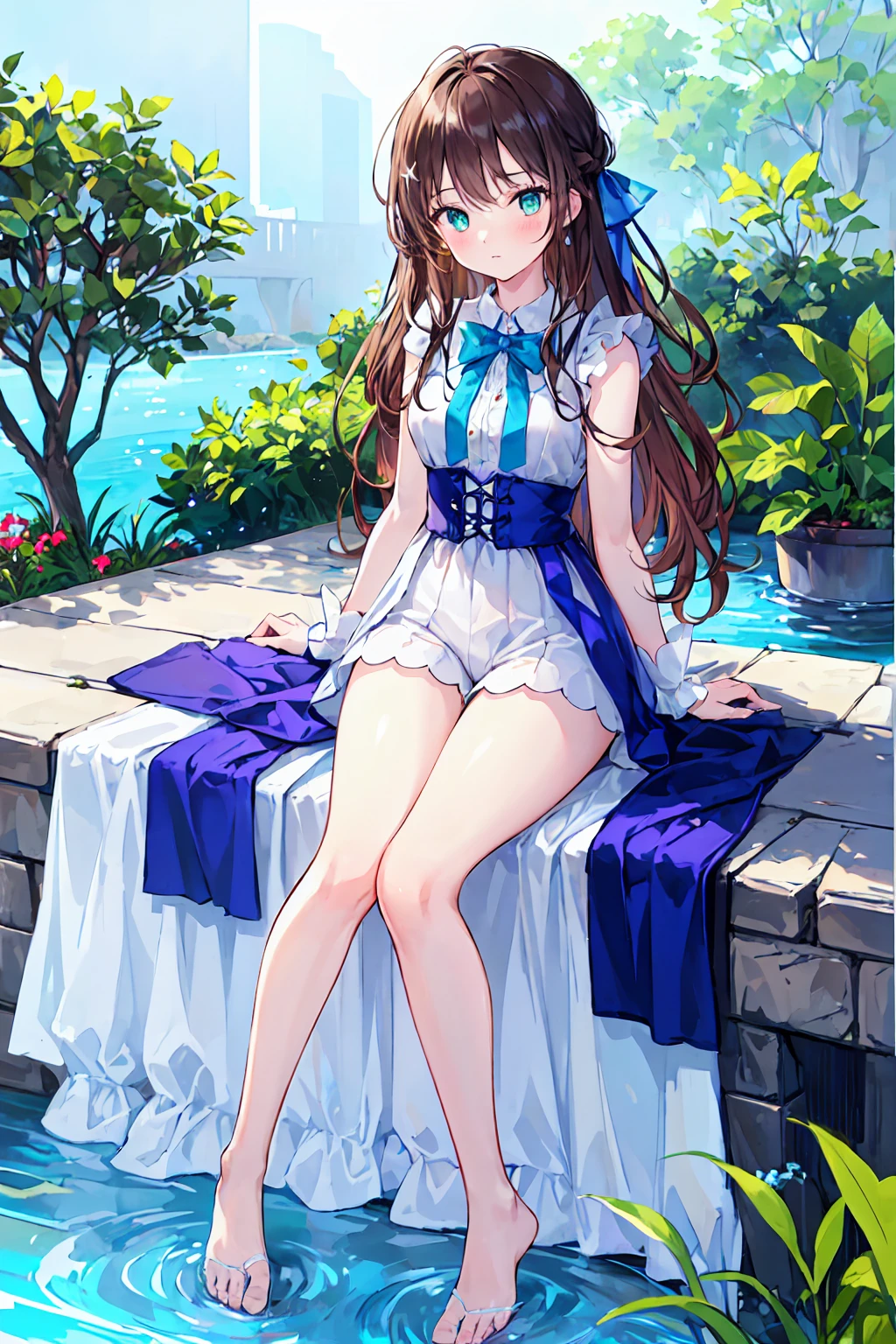 ((Highest quality, masterpiece)), Very delicate and beautiful, bright, cowboy_shot, from_Down, girl, woman, woman, young, 20-year-old, Long Hair, Princess Cut, Parted bangs, Shortcuts, Light brown hair, Delicate face, blush, Beautiful eyes in every detail, Small breasts, Beautiful feet，Thighs, greenの目, White skin, green_bow, Sleeveless_dress, Sleeveless, Shorts, just_feet, White clothes,  Beautiful and detailed gardens, Very beautiful detailed water,