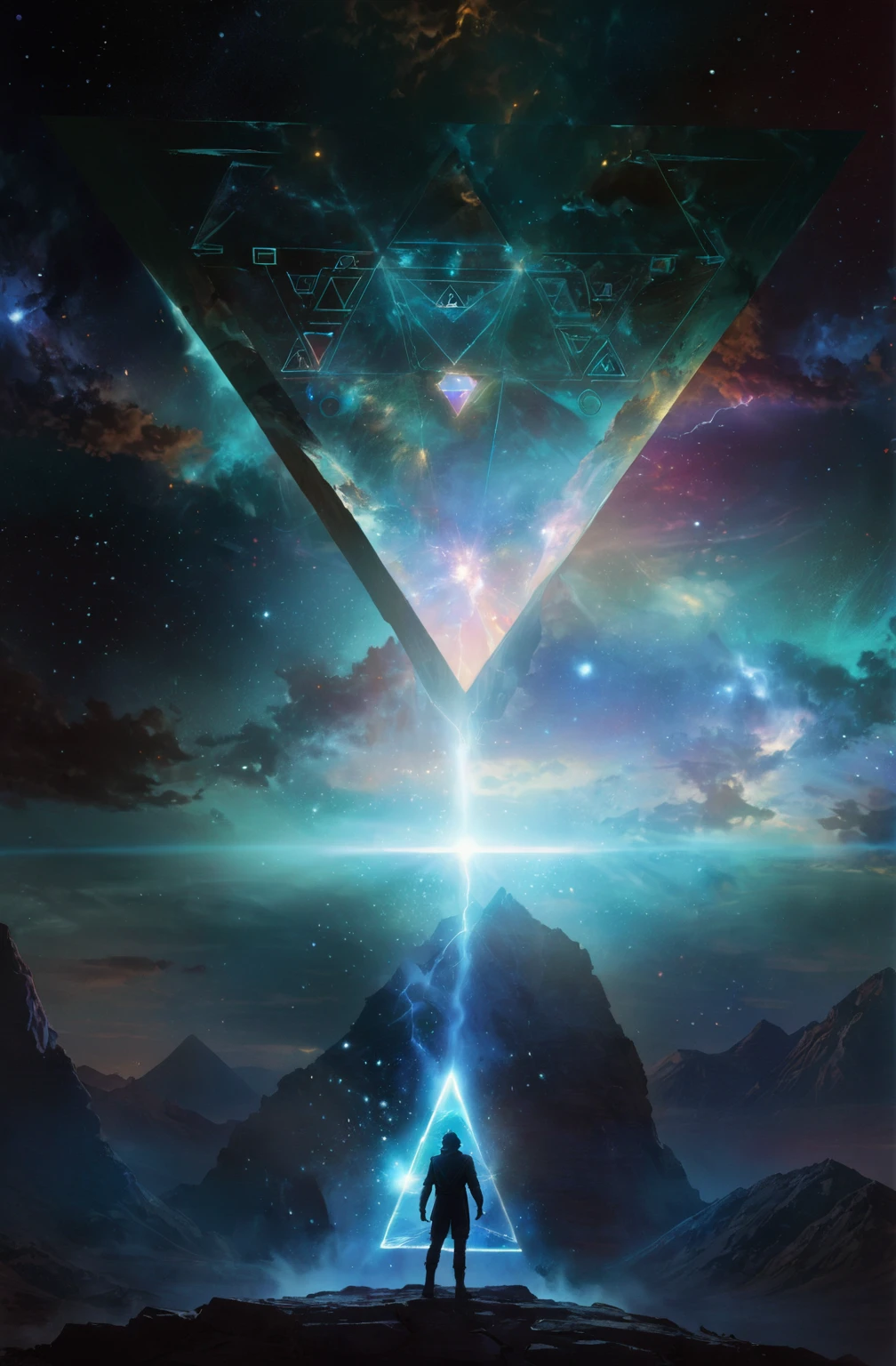 arafed image of a man standing on a mountain with a triangle in the middle, artgem and beeple masterpiece, beeple artwork, beeple masterpiece, sci-fi digital art, sci-fi magic highly detailed, otherworldly visuals, beeple and tim hildebrandt, sci-fi digital art illustration, astral travel, interdimensional lightning