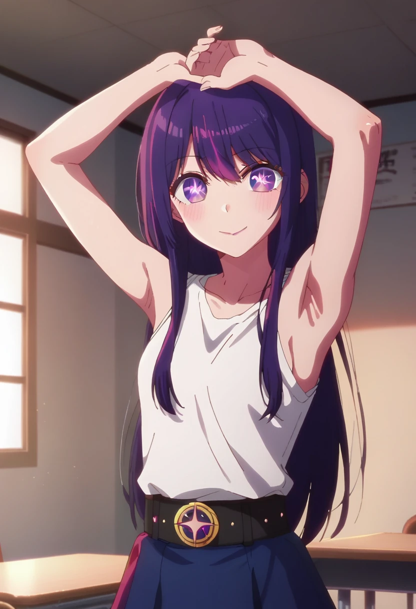 aihoshino, ai hoshino, long hair, bangs, (purple eyes:1.1), purple hair, (symbol-shaped pupils:1.5), smile,
BREAK cewe-sma, white shirt, blue skirt , belt, class room, armpits, spread legs, pussy, uncensored,
BREAK indoors, armpits
BREAK looking at viewer
BREAK (masterpiece:1.2), best quality, high resolution, unity 8k wallpaper, (illustration:0.8), (beautiful detailed eyes:1.6), extremely detailed face, perfect lighting, extremely detailed CG, (perfect hands, perfect anatomy),