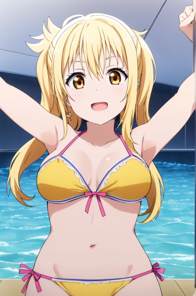 (((pixel-perfect, detail-perfect))), solo, 1girl, miyashita ai, normal face, eyes yellow, hair blonde, pool, bikini, armpit, large extreme filesize, ultra High Qality
