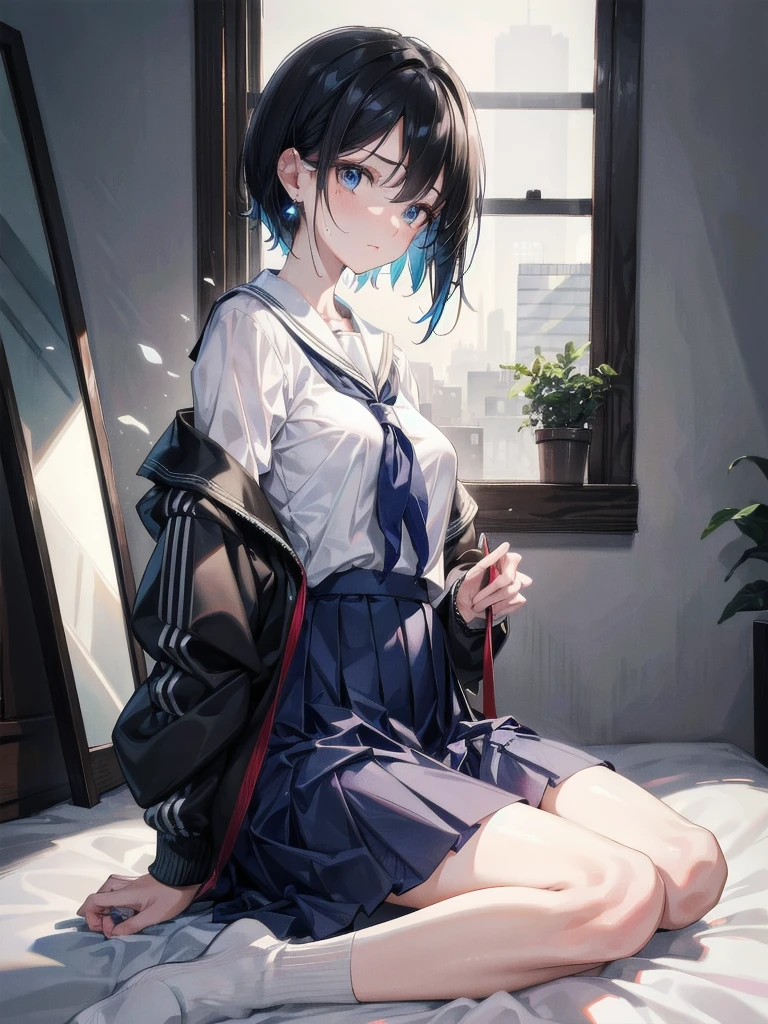 absurdres, RAW photo, extremely delicate and beautiful, masterpiece, Best Quality, ultra high resolution, 32k, hyperrealistic, ultra-detailed, perfect figure, in her 20s, very small head, very small face, delicate facial features, tearful mole, earring, huge breasts, legs, full body shot, medium hair, black hair, Colored inner hair, sweat, school_uniform,