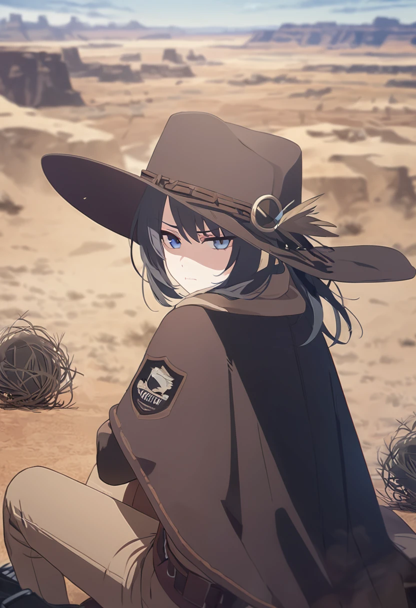masterpiece,best quality,depth of field,8K,looking at the viewer,dark gray hair,blue eyes,light brown chaps,dark brown poncho,갈색 Ten gallon hat,brown leather jumper,chic,wseifuku,male,sky,frowning,badlands,western frontier,tumbleweed rolling around,sitting,male,Grabbing the back of your head with your left hand,man,man