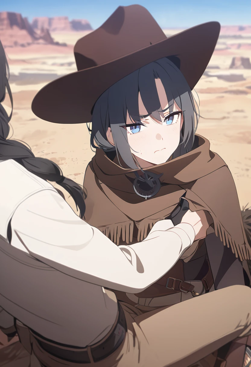 masterpiece,best quality,depth of field,8K,looking at the viewer,dark gray hair,blue eyes,light brown chaps,dark brown poncho,갈색 Ten gallon hat,brown leather jumper,chic,wseifuku,male,sky,frowning,badlands,western frontier,tumbleweed rolling around,sitting,male,Grabbing the back of your head with your left hand,man,man