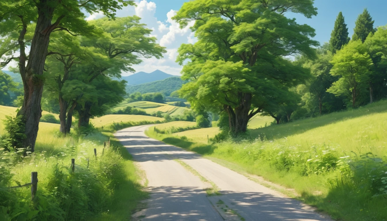 (((Ghibli style))),Summer countryside,The whole image has a calm and tranquil atmosphere.,Country road,it's raining,A beautiful view reflected in a puddle
