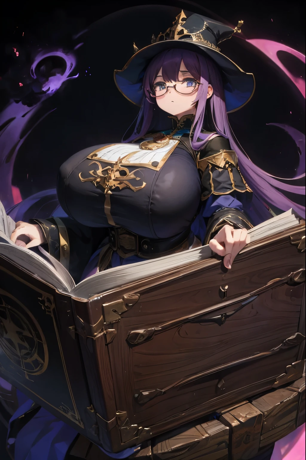 Highest quality, masterpiece, Ultra-high resolution, One Girl,Large round glasses,Loose-fitting clothing,gigantic breast,A dark aura emanates from the huge black book.,Antique trunk