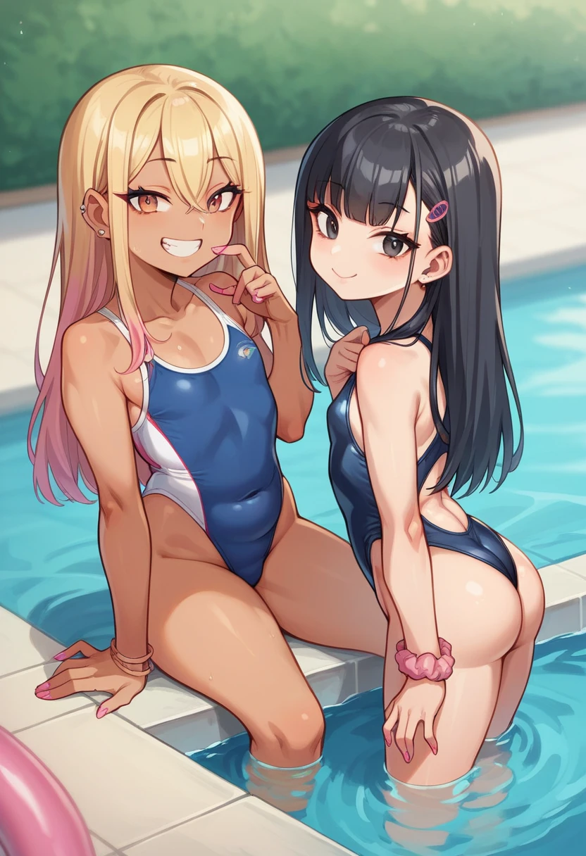 2人の女の子(,young girl ,short stature,gyaru)) ,flat chest,nsfw,plump,one-piece-swimsuit,big head、evilsmiling,black hair,long hair,bobcut.show ass,poolside