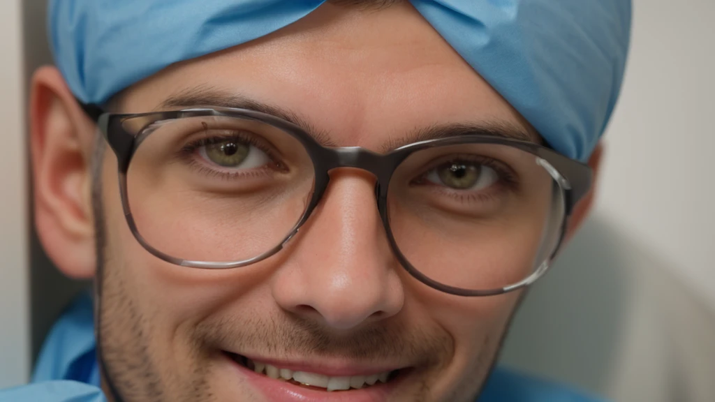 young handsome doctor smiling in hospital corridor, close up of face