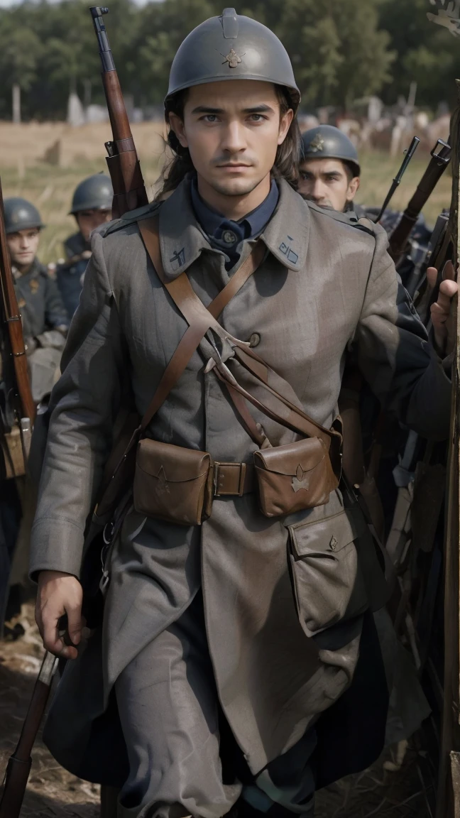 (masterpiece), best quality, expressive eyes, perfect face, All quiet on western Front, man, trenches, dirty, uniform, realistic, HD, Rifle, Orlando Bloom, big bag, French army, regiment, France, defending position, pov, Far view, shot, shooting, fighting, aiming gun, angrangry