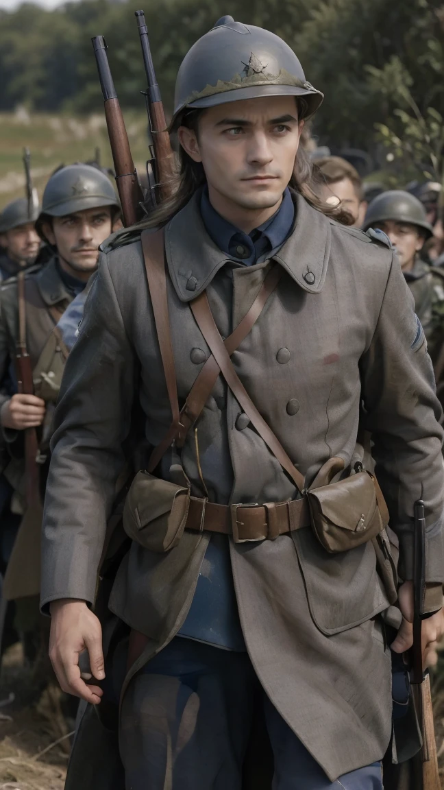 (masterpiece), best quality, expressive eyes, perfect face, All quiet on western Front, man, trenches, dirty, uniform, realistic, HD, Rifle, Orlando Bloom, big bag, French army, regiment, France, defending position, pov, Far view, shot, shooting, fighting, aiming gun, angrangry