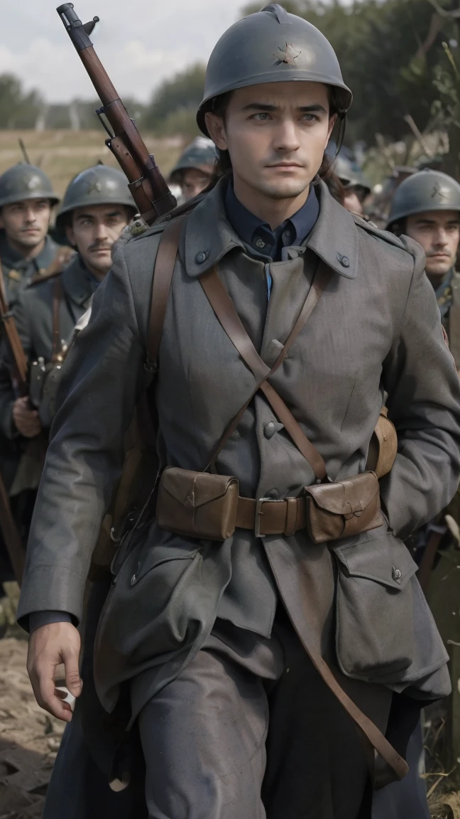 (masterpiece), best quality, expressive eyes, perfect face, All quiet on western Front, man, trenches, dirty, uniform, realistic, HD, Rifle, Orlando Bloom, big bag, French army, regiment, France, defending position, pov, Far view, shot, shooting, fighting, aiming gun, angrangry