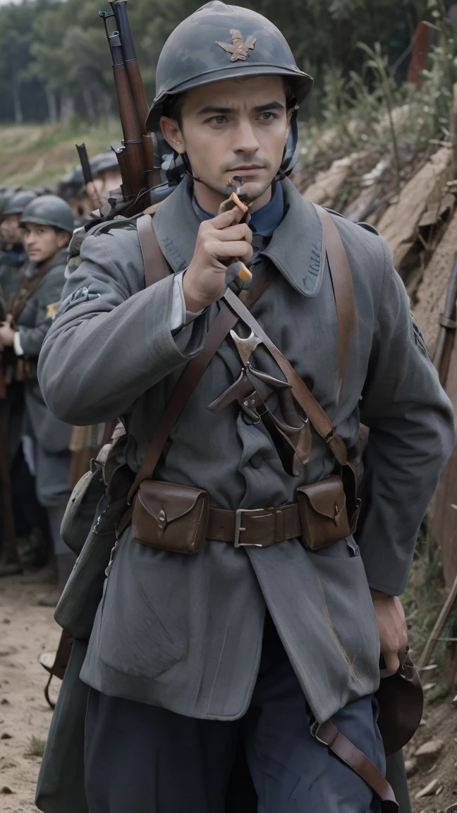 (masterpiece), best quality, expressive eyes, perfect face, All quiet on western Front, man, trenches, dirty, uniform, realistic, HD, Rifle, Orlando Bloom, big bag, French army, regiment, France, defending position, pov, Far view, shot, shooting, fighting, aiming gun, angrangry