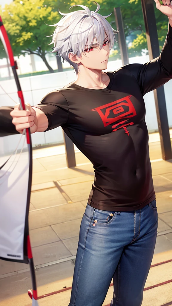 Handsome Asian man, white hair, red eyes, The black shirt says "Luxion", jeans, fine quality, nice photo, Side view, shooting 200 meters. Archery practice.