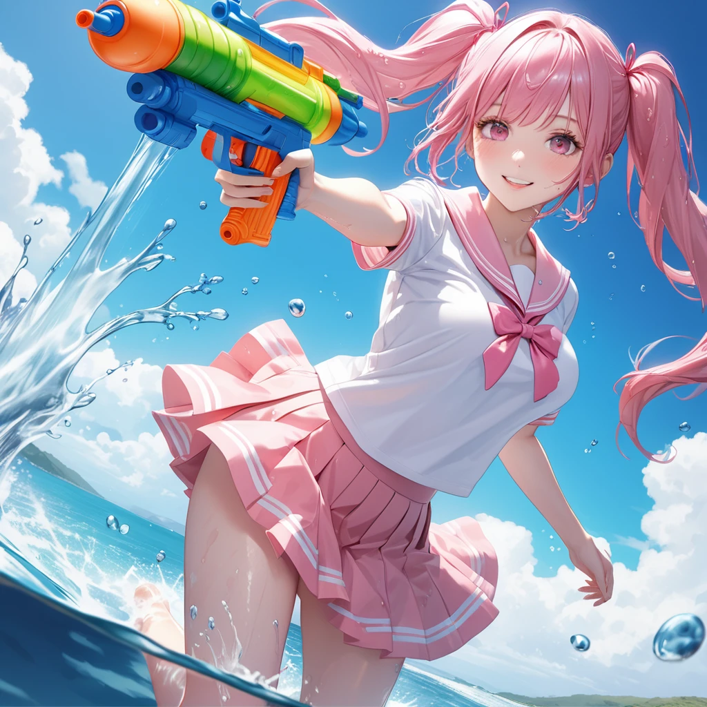 (8K, masutepiece, Best Quality, Official art, beautiful detailed, beautiful lighting, best masterpiece in history that exceeds limits), (1 Girl, Solo), (sixteen years old), (beautiful detailed face), (wet shiny white skin), (Beautiful big bust:1.3), (thighs, navel), (beautiful detailed pink twin tails hair, Bangs:1.3), (beautiful detailed drooping pink eyes:1.5), (high school uniform:1.3), (wet patsel pink sailor collar, white short sleeves short length outing shirt, pastel pink pleated skirt, patsel pink ribbon:1.3), (happy smile:1.2), (dynamic angle, dynamic cut, Attractive, Look at the camera, cute pose), breathtaking scenery, (ultra detailed realistic Beautiful sea, blue sky, summer:1.2), (water gun, release water, water splash:1.5),