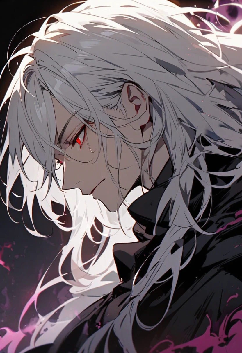 Girl, 20 years old, with long white hair down to below her waist, a serious yet tender expression, and red eyes. Her hair features black streaks. She wears antique-style clothing, a long black dress with a slit on the legs, and high black boots that almost reach her knees. Her power and background are related to shadows and darkness.