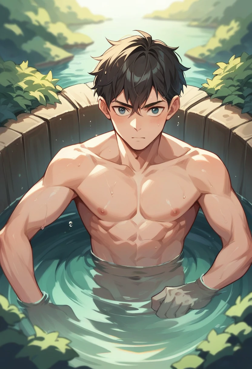 1boy、 Japanese、Cute face、Upper body naked、slim、Brown Skin、Box type swimsuit、Developed abdominal muscles、Big nipples、Poolside、Splash、Line art、Black and White