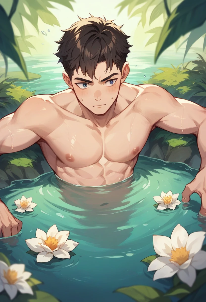 a young man was bathing in a river whose water was very clear