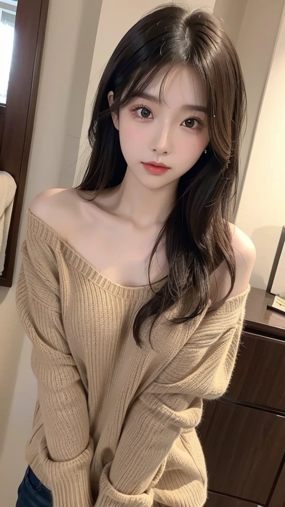 Wearing a brown sweater、Casual style AI beauty。hair should be shoulder-length、It is loosely wavy。