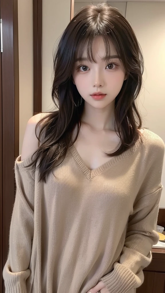Wearing a brown sweater、Casual style AI beauty。hair should be shoulder-length、It is loosely wavy。