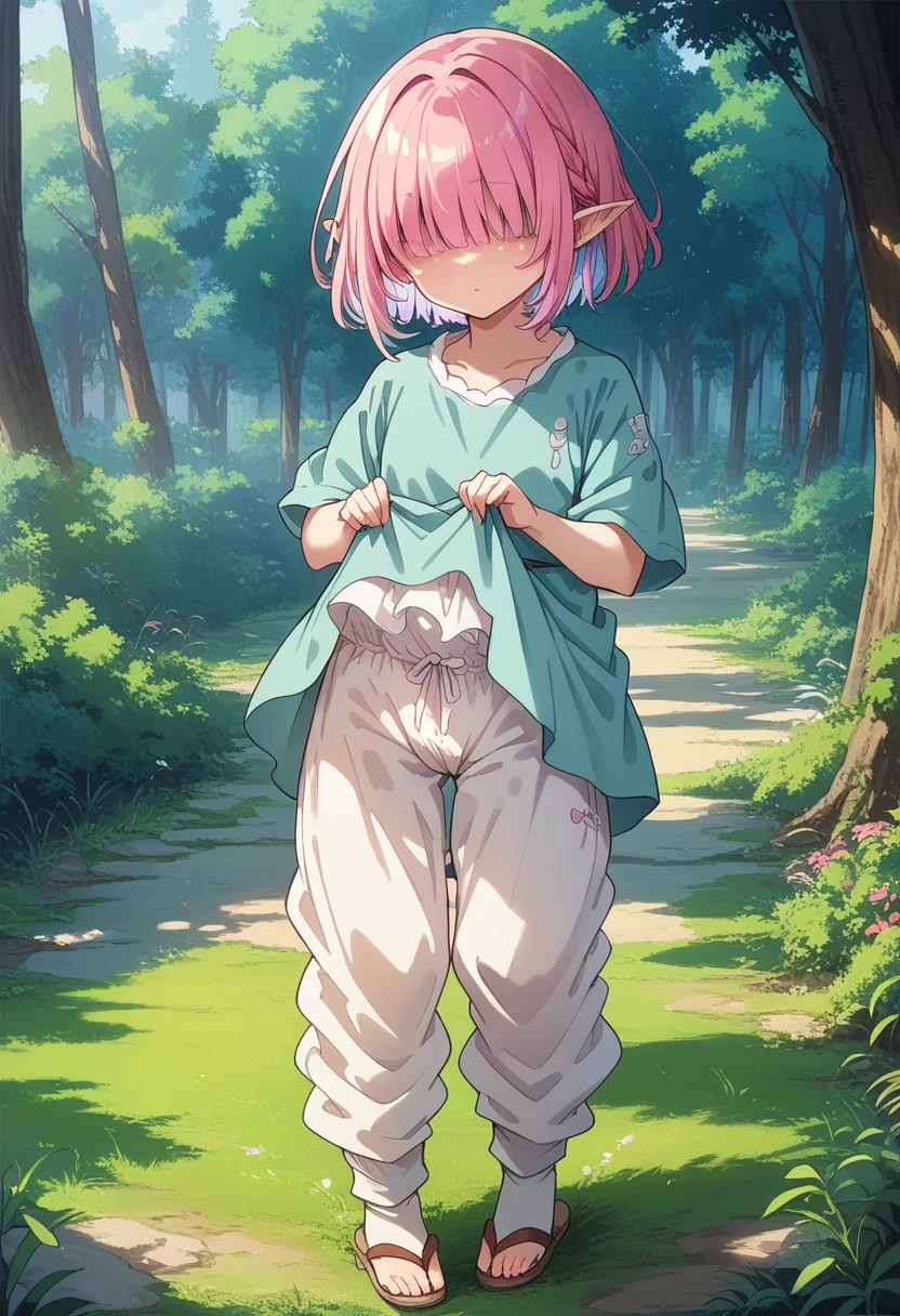 BREAK Perfect Anatomy、(High resolution:1.2)、Incredible illustrations、(Cute illustrations:1.2)、
(Beautiful background(deep in the forest))
1 girl((multicolored pink hair,(bangs over eyes), short hair)1girl((a girl,elf 1.5meters, 25kg,18 years old female,
((tunic,poncho,(loose pants,bloomers),thigh-high socks, sandals),tilting head,(dress lift)