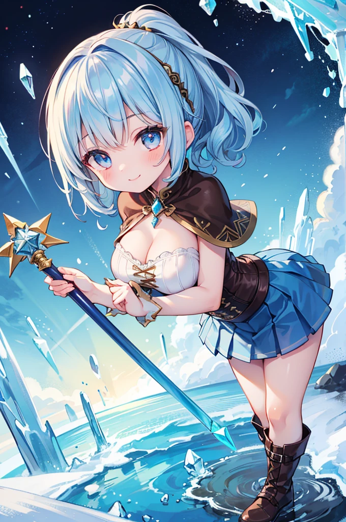 Fantasy,((Masterpiece)),((high resolution)),((Best Quality)),Anime illustration,((1girl)),(wavy hair),(short hair),(pale blue hair color),small ponytail,headband,Indigo eyes,(Big round eyes),((tareme)),12 years old,((baby face)),(((very big breasts))),Short stature,Young,(loli),,ice wizard,sleeveless white blouse,Blue mini skirt,slit,Brown corset,brown capelet,smile,,Brown long boots,wizard's wand with blue gem,