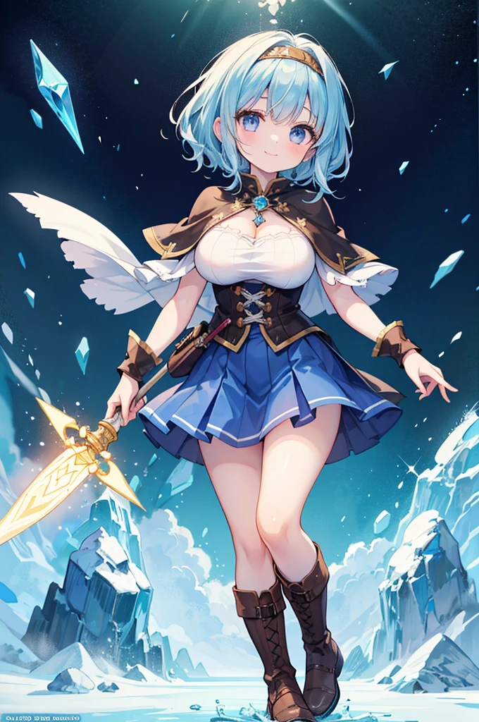 Fantasy,((Masterpiece)),((high resolution)),((Best Quality)),Anime illustration,((1girl)),(wavy hair),(short hair),(pale blue hair color),small ponytail,headband,Indigo eyes,(Big round eyes),((tareme)),,((baby face)),ig breasts))),Short stature,Young,(loli),,ice wizard,sleeless white blouse,Blue mini skirt,slit,Brown corset,brown capelet,smile,,Brown long boots,wizard's wand with blue gem,