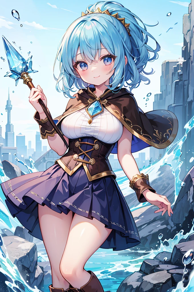 Fantasy,((Masterpiece)),((high resolution)),((Best Quality)),Anime illustration,((1girl)),(wavy hair),(short hair),(pale blue hair color),small ponytail,headband,Indigo eyes,(Big round eyes),((tareme)),************,((baby face)),(((very big breasts))),Short stature,Young,(****),,ice wizard,sleeveless white blouse,Blue mini skirt,slit,Brown corset,brown capelet,smile,,Brown long boots,wizard's wand with blue gem,