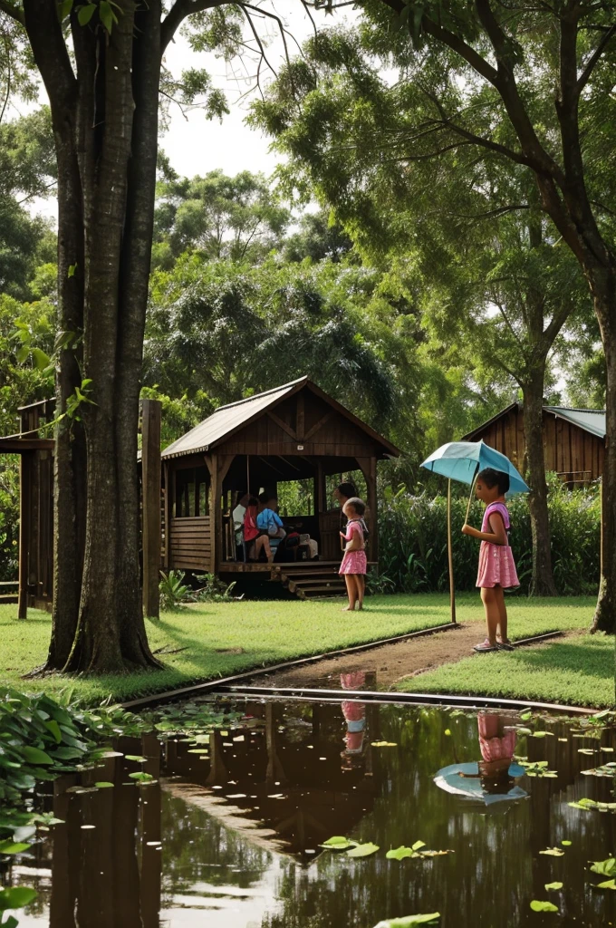 When it rains, children are playing in it, people are farming on the sideOn one side, frogs and peacocks stand under trees