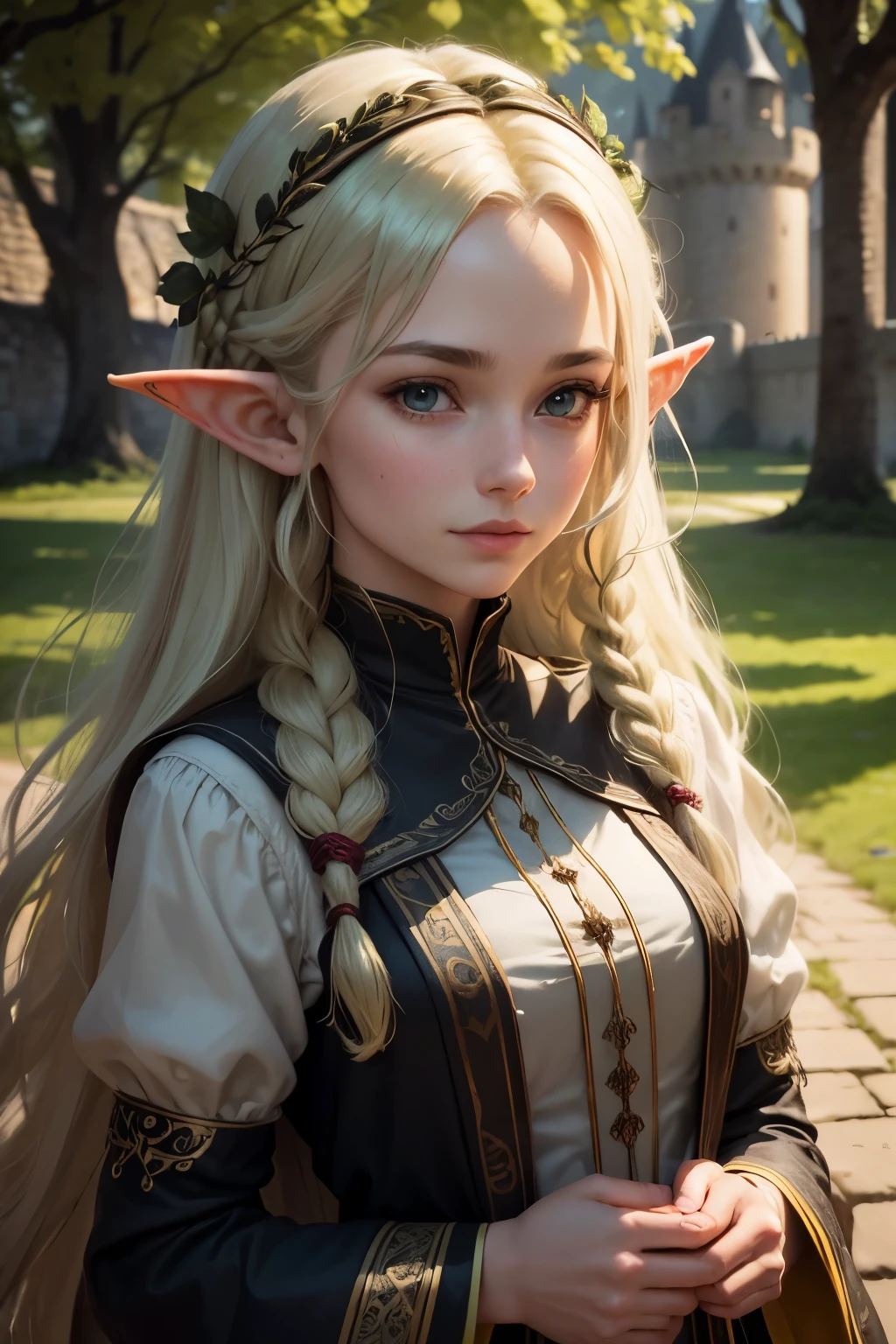sup((best quality)), ((masterpiece)), (detailed), Prize-winning works, with incredible details, maximum textures and details, supHD ,8K,super resolution ,depth of field, retina, masterpiece, anatomically correct, textured skin, super detail, high details, highres ,an elf ,wearing medieval dress with lots of details1 Medieval female fantasy RPG elf,hair in the wind,very long light green wavy braid hair ,((yellow black hair,)),shy smile,similar to the work of JRR Tolkien,longCap ,fully body, hyper-detailed piercing eyes , (25 year old young man :1.1,detailedeyes, face detailed, whole body:1.1,the background is a magnificent castle similar to Castello de Chambord ),(best qualityer:1.2,ultra detali:1.1,realisitic:1.37) ,eyeshadows,sharp focus,swirly vibrant colors,) 