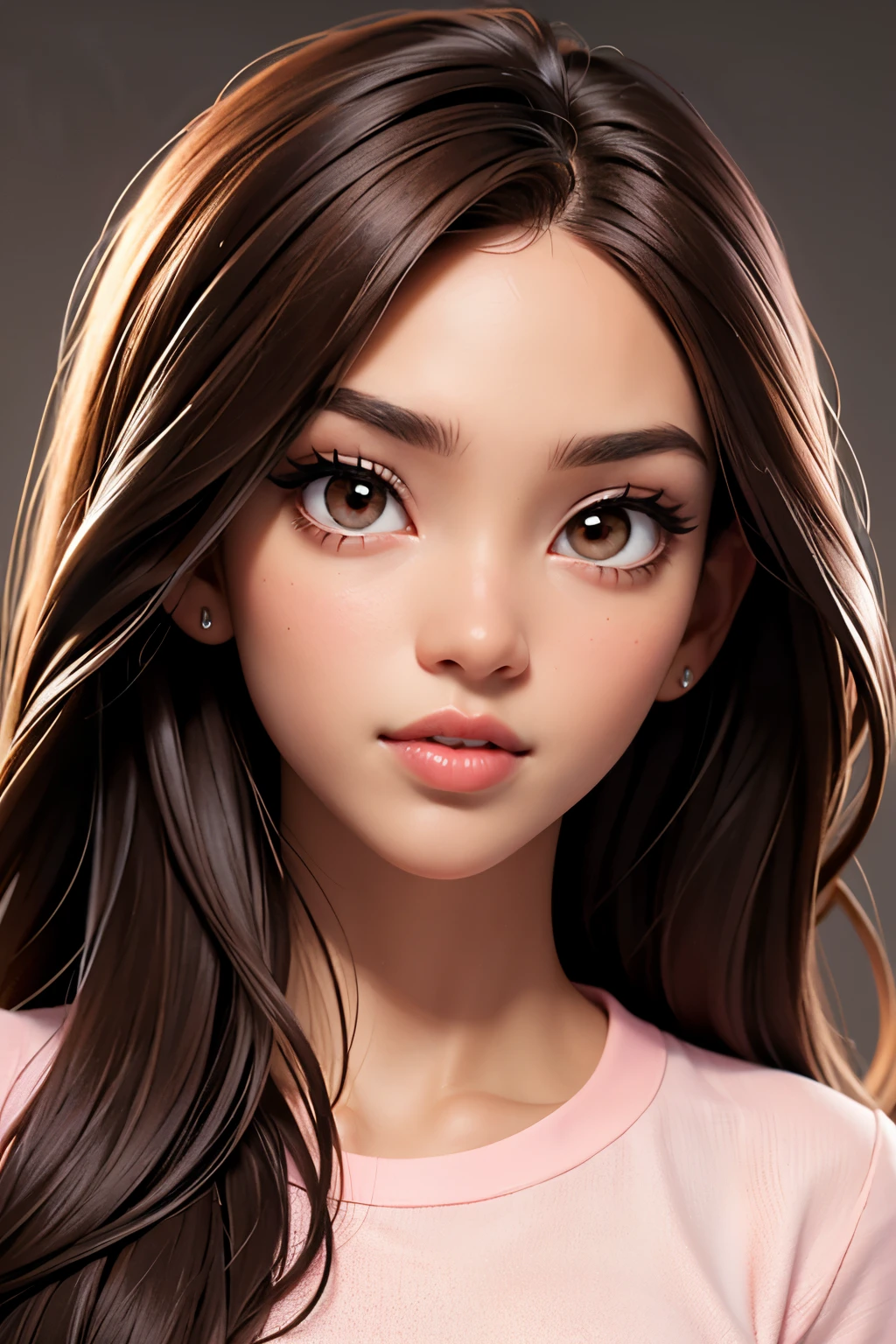 Girl, long brown hair, brown eyes, sharp features, white skin, pink lips, perfect, black shirt