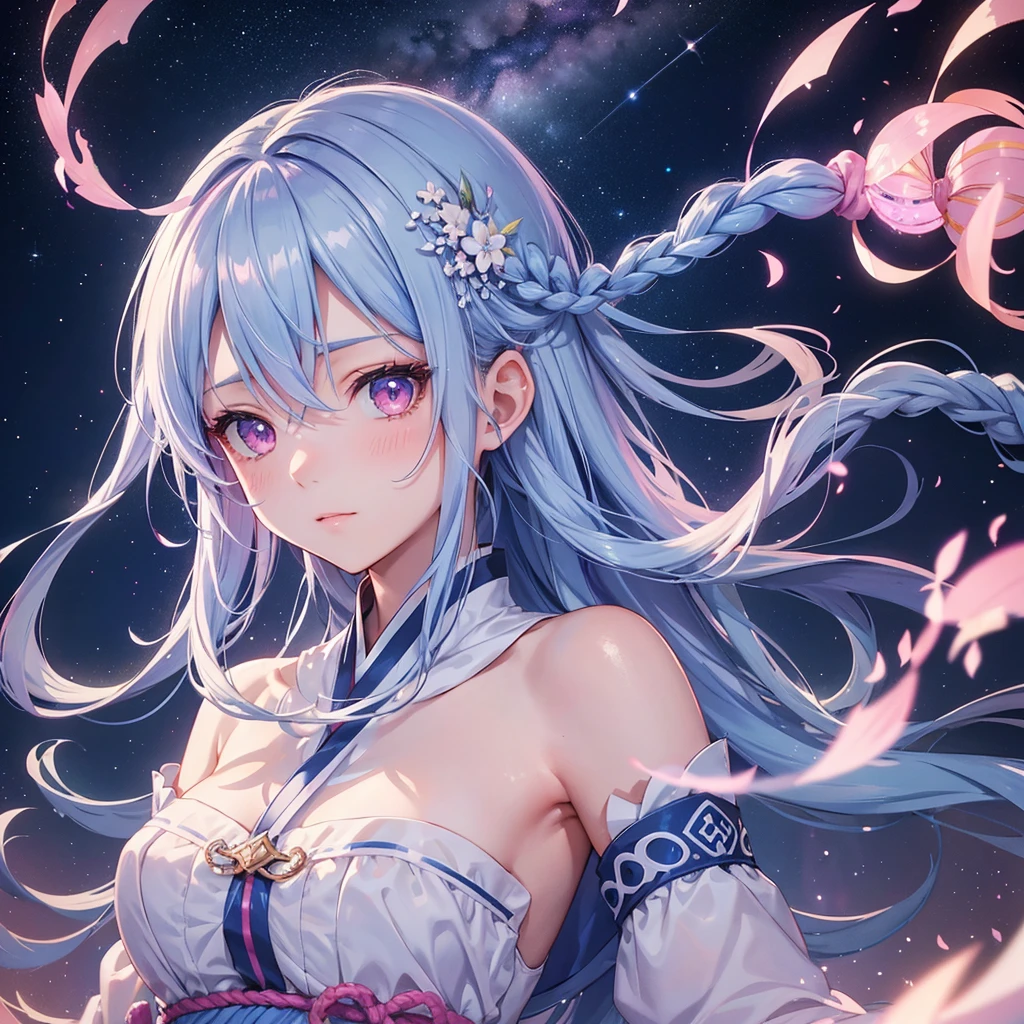 (Sky blue braid hair),Pink Eyes,Fair skin ,(whole body),(One girl),Hanfu,Tanabata,(The beautiful, sparkling Milky Way in the night sky),Lonely Eyes,,(masterpiece, Highest quality, Very detailed, Best Shadow), (Detailed Background), (Beautifully detailed face), High Contrast, (Best lighting, Very delicate and beautiful), ((Cinematic Light)), colorful, Hyper Detail, Dramatic Light, Intricate details,