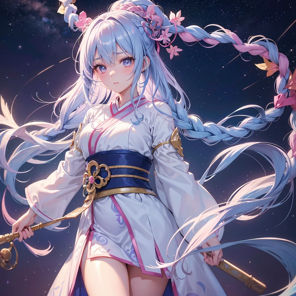 (Sky blue braid hair),Pink Eyes,Fair skin ,(whole body),(One girl),Hanfu,Tanabata,(The beautiful, sparkling Milky Way in the night sky),Lonely Eyes,,(masterpiece, Highest quality, Very detailed, Best Shadow), (Detailed Background), (Beautifully detailed face), High Contrast, (Best lighting, Very delicate and beautiful), ((Cinematic Light)), colorful, Hyper Detail, Dramatic Light, Intricate details,