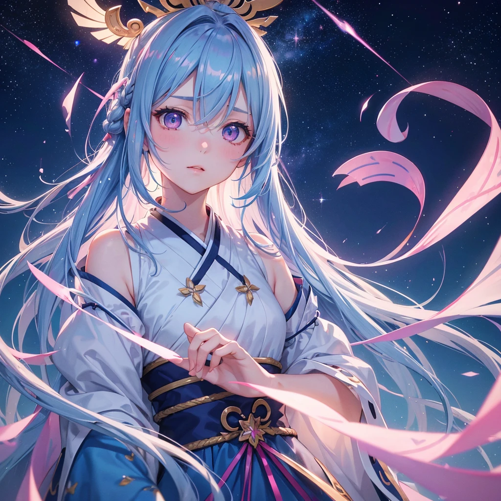(Sky blue braid hair),Pink Eyes,Fair skin ,(whole body),(One girl),Hanfu,Tanabata,(The beautiful, sparkling Milky Way in the night sky),Lonely Eyes,,(masterpiece, Highest quality, Very detailed, Best Shadow), (Detailed Background), (Beautifully detailed face), High Contrast, (Best lighting, Very delicate and beautiful), ((Cinematic Light)), colorful, Hyper Detail, Dramatic Light, Intricate details,