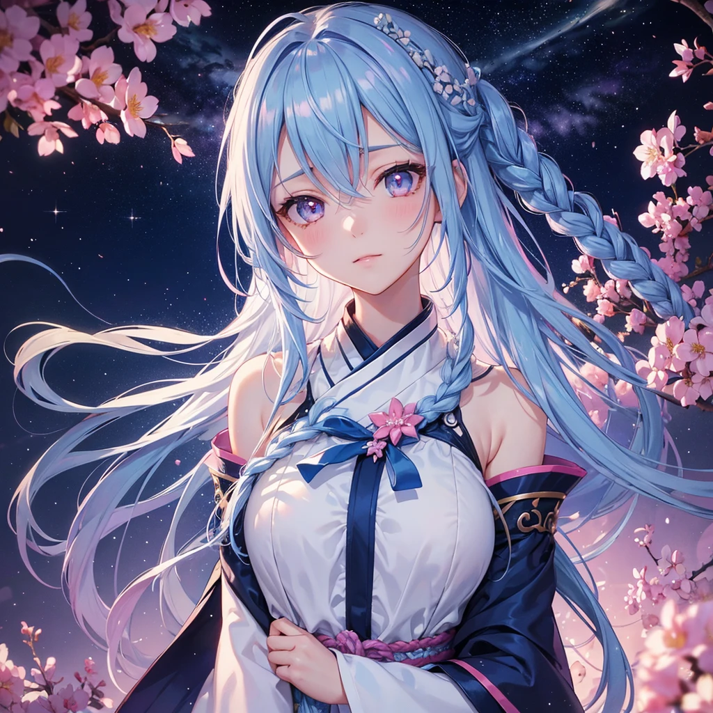 (Sky blue braid hair),Pink Eyes,Fair skin ,(whole body),(One girl),Hanfu,Tanabata,(The beautiful, sparkling Milky Way in the night sky),Lonely Eyes,,(masterpiece, Highest quality, Very detailed, Best Shadow), (Detailed Background), (Beautifully detailed face), High Contrast, (Best lighting, Very delicate and beautiful), ((Cinematic Light)), colorful, Hyper Detail, Dramatic Light, Intricate details,