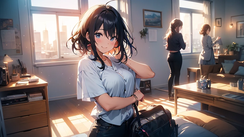 The image should feature a female anime character with a lively and confident expression and a nice smile, standing in a sunlit room with morning light streaming through a window. The character is wearing a favorite shirt, ready to start the day. In the background, depict a vibrant cityscape that transitions to evening, with city lights starting to flicker. The scene should include elements that represent music and dreams, such as musical notes floating around and a sense of motion. The overall atmosphere should be energetic, filled with hope and the promise of a new day.