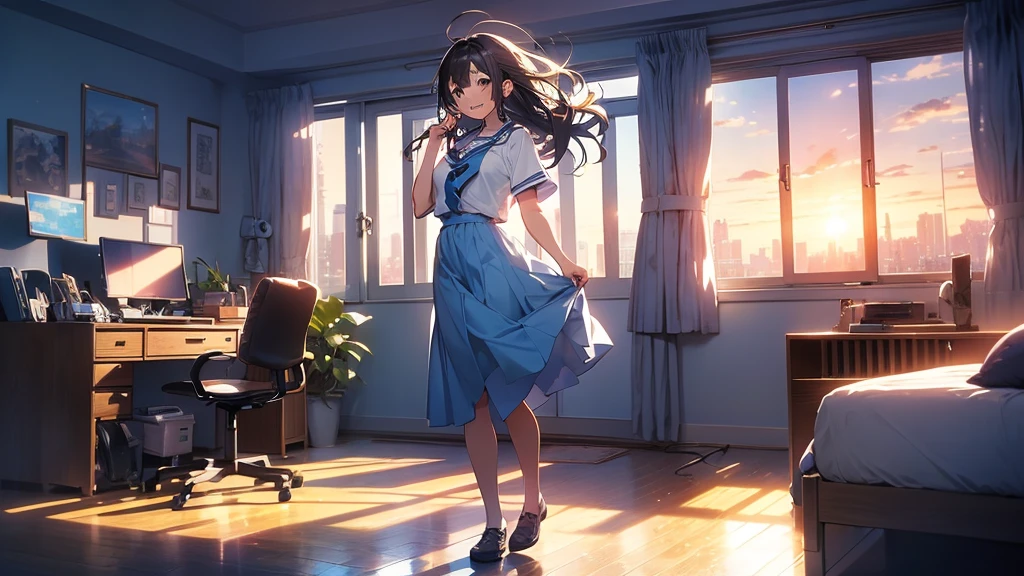 The image should feature a female anime character with a lively and confident expression and a nice smile, standing in a sunlit room with morning light streaming through a window. The character is wearing a favorite shirt, ready to start the day. In the background, depict a vibrant cityscape that transitions to evening, with city lights starting to flicker. The scene should include elements that represent music and dreams, such as musical notes floating around and a sense of motion. The overall atmosphere should be energetic, filled with hope and the promise of a new day.