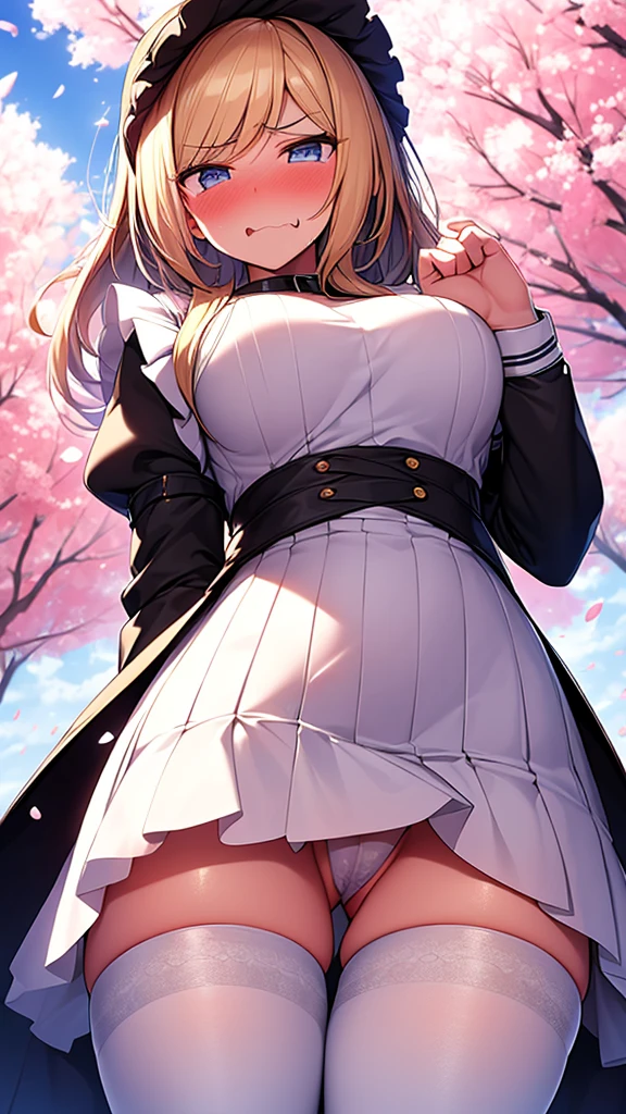 masterpiece,((Highest quality)),8k wallpaper,Precise Representation,((Very detailed explanation)). ((Woman 1)),20-year-old,so beautiful,((Fine facial details)),Perfect Anatomy,Correct Anatomy,Perfect Face,Perfect Arms,,Perfect Fingers,Perfect waist,Perfect Thighs,amount,Beautiful blonde,View your audience,I see the camera flash,Bright Blue Eyes,((anger:1.5)),((Embarrassing 1.1)),((The facial features are also drawn in detail....)),((blush:1.5)),wear a white blouse with a ruffled collar,wearing a purple corset,Maid Cosplay,White mini skirt with white frills,((Raise the hem of a skirt)),((Show off your to your viewers)),((Detailed pussy)),White Stockings,((75 degree angle from bottom)),Close-up shot,French Model. The background is a cherry tree,spring,noon,The wind is blowing,Many cherry blossom petals are falling,wonderful.
