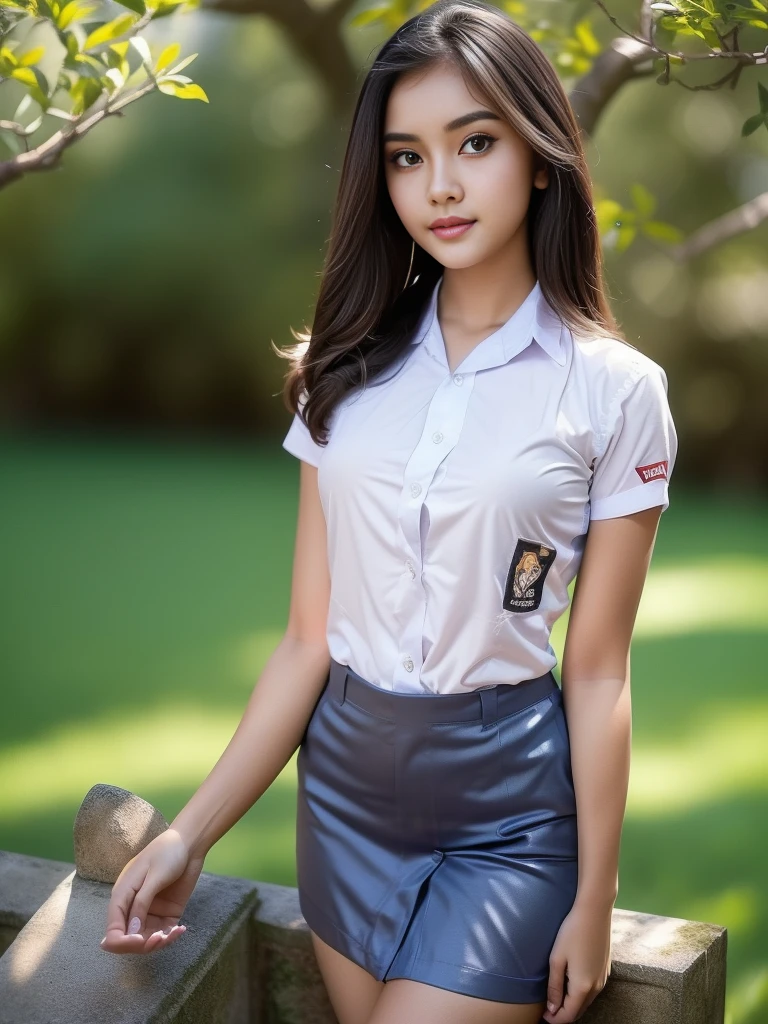 1girl, (uniform), standing, outdoors, detailed face, detailed eyes, tall and curvy body, big breasts, shiny skin, press body shirt, grey blue short skirt, looking at the audience, low angle shot,(8k, RAW photo, best quality, masterpiece: 1.2), (realistic, realistic: 1.37), ultra-high resolution