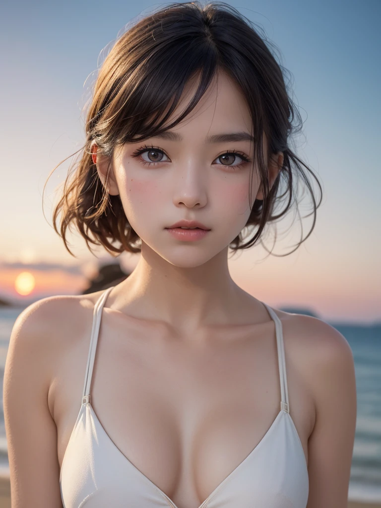 One Girl,(1人のとてもcute女の子:1.3),masterpiece,Highest quality,High resolution,From below,Low - Angle,Photorealistic,RAW Photos,Ray Tracing,Physically Based Rendering,beautiful girl,(:1.3),cute,Big eyes,(detailed pupils:1.2),(The face is facing straight ahead:1.3),Body facing forward,Beautiful nose,High nose,Upturned nose,Fuller lips,Short black hair,ponytail,short hair,Detailed eyelashes,Thin eyebrows,Very fine grain definition,(Symmetrical eyes,Golden Ratio:1.3),(Face close-up,Face Focus:1.0),Small breasts,Short neck,White swimsuit,White Bikini,The background is the sea,Southern Island,sunset,Sunset,Portrait,View Viewer,Upper Body,Cinema Lighting,High resolution,Very detailed