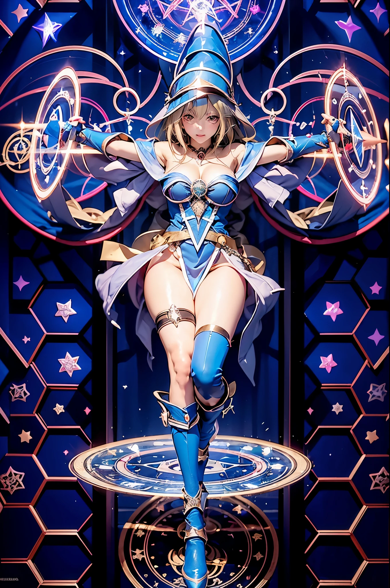 masterpiece, Highest quality, 超A high resolution, (Realistic), RAW Photos, Octane Rendering, Soft Focus, Mature Woman, Japanese, Plump face:1.1, sexy, Highest quality, Very detailed, Very accurate, One Woman, ((dark magician girl, Crucified in the shape of a cross)), (Floating in the air), (Transparent magic circleが手首を覆っている), (Transparent magic circleが足首を覆っている)), ((Transparent magic circle)), ((Transparent magic circleが浮かぶ, Geometric decoration, Transparent magic circle)), ((Transparent magic circleの中央で十字形に拘束されている)), (正確なdark magician girlのコスチューム), ((High leg cut, Exposed thighs, Long gloves, Knee-high boots, Stiletto heels, Big hat)), ((Shiny Suit)), Large Breasts:1.2, Big eyes:1.4, eye make up:1.3, Detailed eyes:1.4, Looking at the viewer:1.2, whole body, Black space background, Spotlight