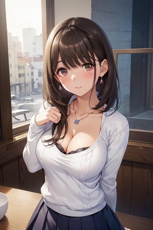 anegasaki nene、Shiny brown hair, short hair, (Beautiful brown eyes、Sparkling eyes, Fine grain)、smile、Ultra-detailed eyes、非常にDetailed face, Highly detailed eyes,

((Tabletop, Highest quality, High resolution, Hmph, Pixel perfect, Depth of written boundary, 4K, Hmph, Hmph))), One Girl, single, alone, Beautiful Anime Girls, Beautiful art style, Anime characters, 18-year-old, ((Mid-length hair, Dark brown hair:1.2)), ((Detailed face, Blushing:1.2)), ((Fine grain, Anime Eyes Style, Beautiful Eyes, Brown eyes:1.8, Glitter effect)), ((Smooth texture:0.75, Realistic texture:0.5, Anime CG Style)), ((Large Breasts, Cleavage)), Big Breasts, Perfect body, ((close, throw, cute, Shoot in the face)), ((White sweater, skirt, Her bra is visible from inside her sweater)), Outdoor Background, Absurd background, Bokeh:1.4, ((night, night間照明)), ((Minimalist Necklace, Silver Necklace, fashionable)), Enilola