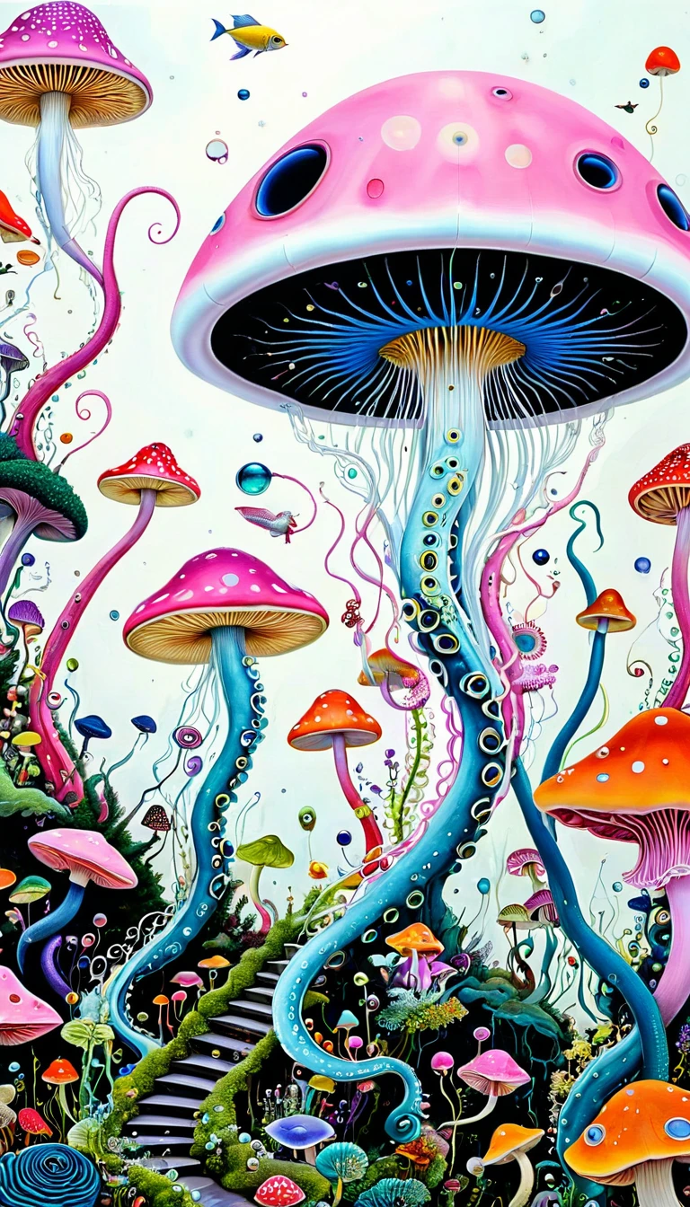 "Dick Ellescas Artist Style",Mushroom UFO,Tentacles瀑布,粉色美人fish、fish,Tentacles,bird、Eye、Bubble Squeeze、autistic patient、diatom,Spiral Staircase,Stitching together an abstract painting,Describing the inner world of autistic people,Sense of space,White Space,interesting,Innocence,Psychedelic Art,Pink theme