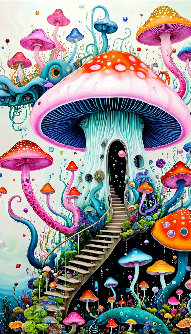 "Dick Ellescas Artist Style",Mushroom UFO,Tentacles瀑布,粉色美人fish、fish,Tentacles,bird、Eye、Bubble Squeeze、autistic patient、diatom,Spiral Staircase,Stitching together an abstract painting,Describing the inner world of autistic people,Sense of space,White Space,interesting,Innocence,Psychedelic Art,Pink theme