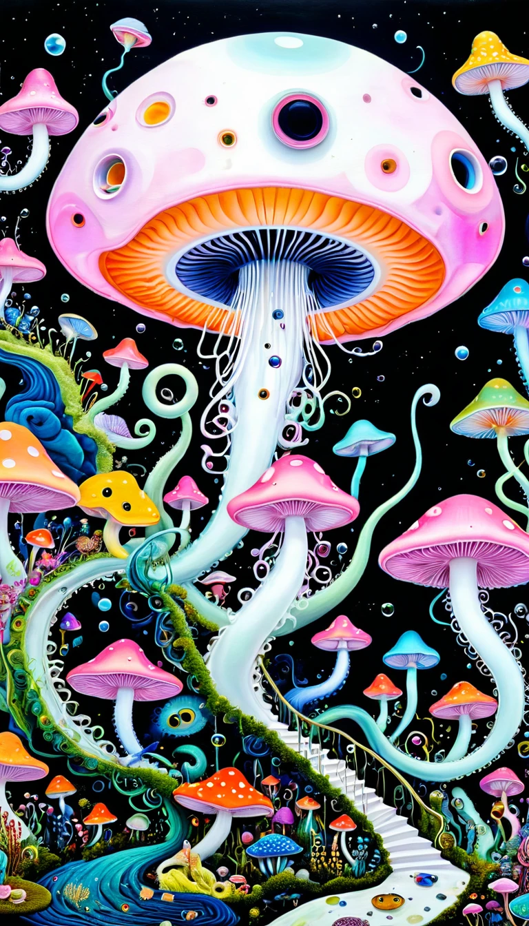 "Dick Ellescas Artist Style",Mushroom UFO,Tentacles瀑布,粉色美人fish、fish,Tentacles,bird、Eye、Bubble Squeeze、autistic patient、diatom,Spiral Staircase,Stitching together an abstract painting,Describing the inner world of autistic people,Sense of space,White Space,interesting,Innocence,Psychedelic Art,Pink theme