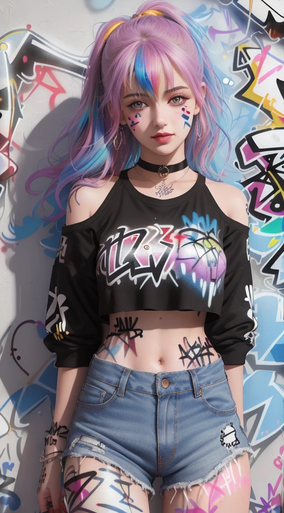 master-piece, bestquality, girl, crop top, shorts jeans, choker, (Graffiti:1.5), color splashes, arm behind back, against a brick wall., looking at the audience, Very charming., Thigh strap, Paint on the body., Head tilt, smirk, multicolored hair, Water bud, Shapely, Skinny, 30k, 3D, cinematic light, Breathtaking light, Shallow depth of light, Exquisite clothing details, high-detail, UDR, Sharp focus, Physics-based rendering