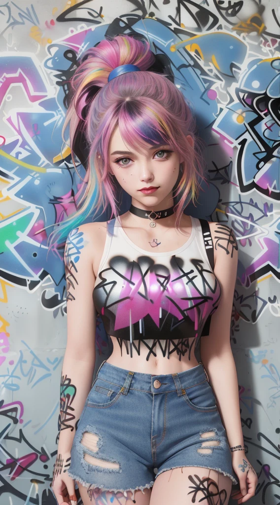 master-piece, bestquality, teen girl, crop top, shorts jeans, choker, (Graffiti:1.5), color splashes, arm behind back, against a brick wall., looking at the audience, Very charming., Thigh strap, Paint on the body., Head tilt, smirk, multicolored hair, Water bud, Shapely, Skinny, 30k, 3D, cinematic light, Breathtaking light, Shallow depth of light, Exquisite clothing details, high-detail, UDR, Sharp focus, Physics-based rendering