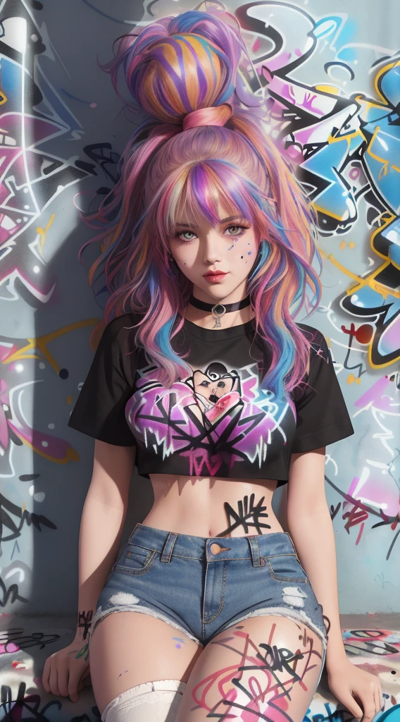 master-piece, bestquality, teen girl, crop top, shorts jeans, choker, (Graffiti:1.5), color splashes, arm behind back, against a brick wall., looking at the audience,  Very charming., Thigh strap, Paint on the body., Head tilt, smirk, multicolored hair, Water bud, Shapely, Skinny, 30k, 3D, cinematic light, Breathtaking light, Shallow depth of light, Exquisite clothing details, high-detail, UDR, Sharp focus, Physics-based rendering