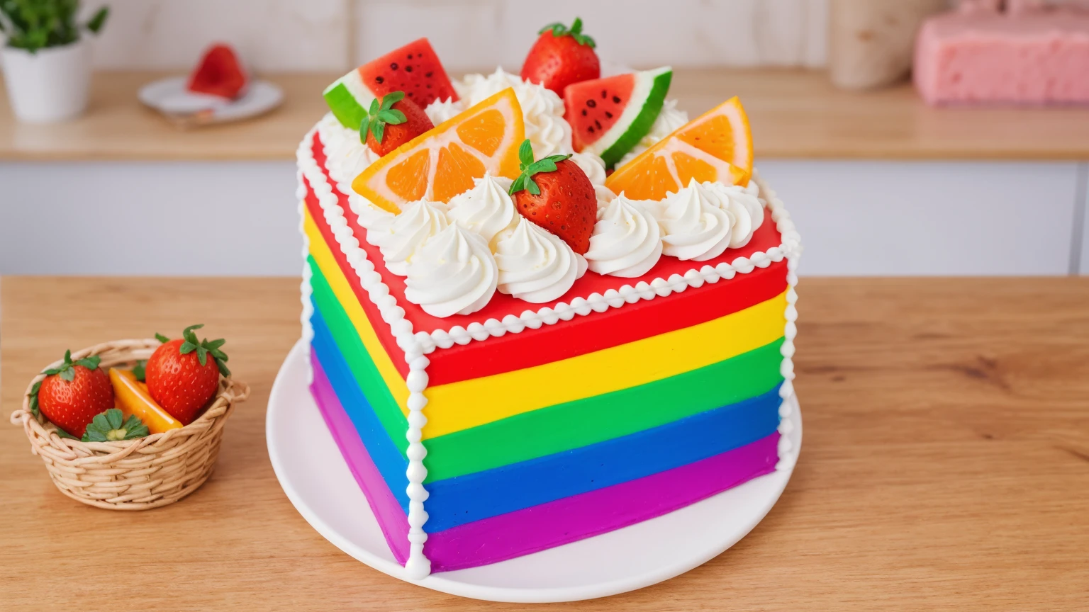 on a wooden table, there is a white plate. worth a cake made from rainbow fondant, decorated with white cream, orange, watermelon and strawberries made of polymer clay. There is a basket of fruit on the table next to it, in the background there is a kitchen with kitchen utensils, window in the background, Beautiful light from the window, Beautiful sunlight, bright lighting,  beautiful light source, realistic style, realistic texture, Detailed style, high quality, A high resolution, ultra hd 4k