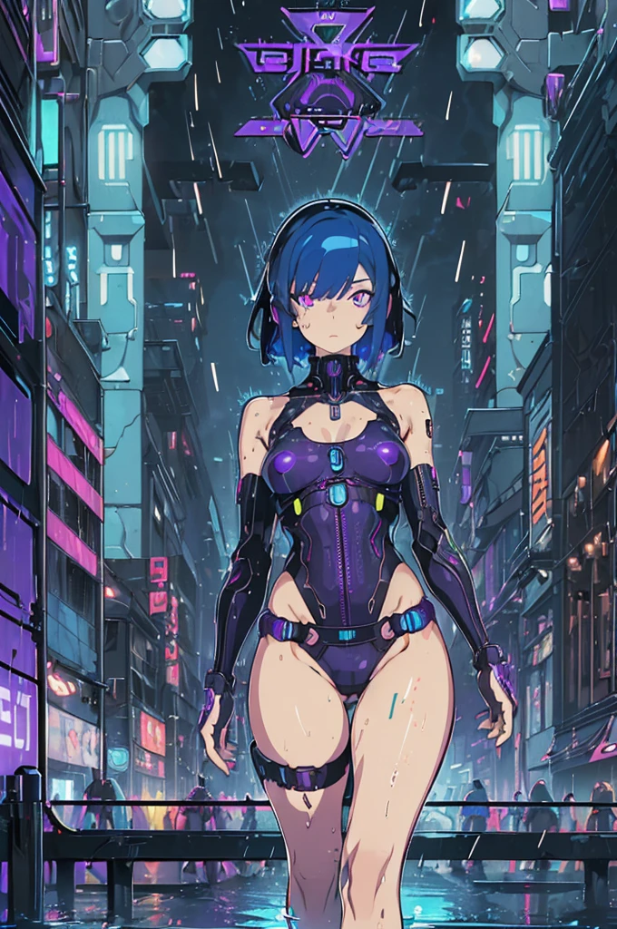 woman, (Cyberpunk city background:1.3), (Swimwear:1.3), (Small breasts:1.4), (Flat Chest:1.3), (Dim lighting:1.3), (Detailed Hair:1.3), (Bob Haircut:1.3), (Blue Hair:1.3), (Very detailed:1.3), (Glowing purple eyes:1.4), (Detailed face and eyes:1.3), (Wide Hips:1.3), (night:1.3), (rain:1.3), (Wet body:1.3), (Cyberpunk Implant:1.3).