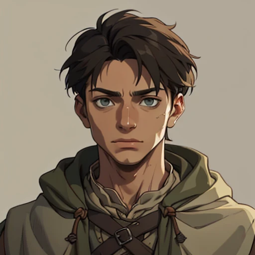 (masterpiece), (best quality),(portrait),(bust up),1boy,solo,(sharp focus),(look at viewer),young boy,hobbit,ancient long clothes,(simple background),old school fantasy art,super shiny face,Ultra Glossy Skin,medieval farmer outfit,poor outfit,farmer,beige outfit,light from front,(dark green cloak),eren yeager,brown hair,