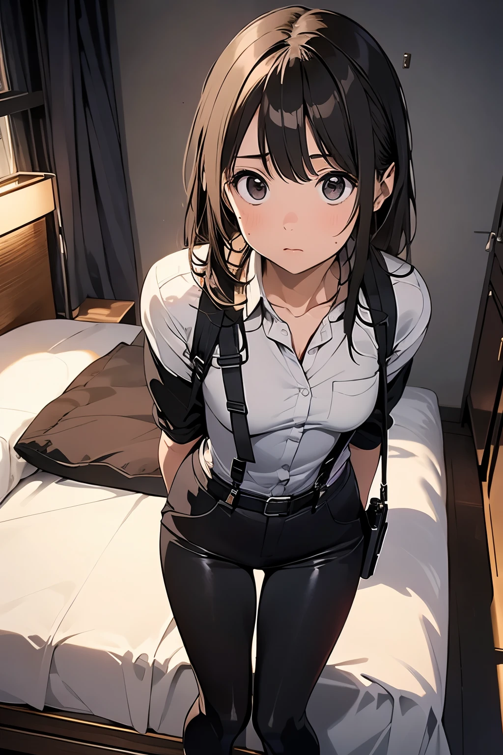 1 female, , high quality, masterpiece, Ultra-high resolution, , Cinema Lighting, , , And the suspenders with the cranes flying　　　Moderate breasts　 　 　　　　Small face　 　　　holster　　　　　　　 Lying in bed　Looking up　　　　Sweat 　　　belt　summer　脇Sweat 　Black Hole Gloves　suit　shirt　　Black jacket　 Black trousers　Leg Links　ズボンにbelt　　holster　 　　Hands behind your back　 Anxious expression　Looking up　Anxious face, legs apart　